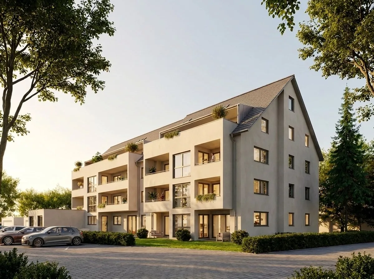 Hirschlatter Straße 6 Friedrichshafen-Ailingen — Außenansicht Gartenseite mit Bewohnern auf Balkonen, Abendlicht